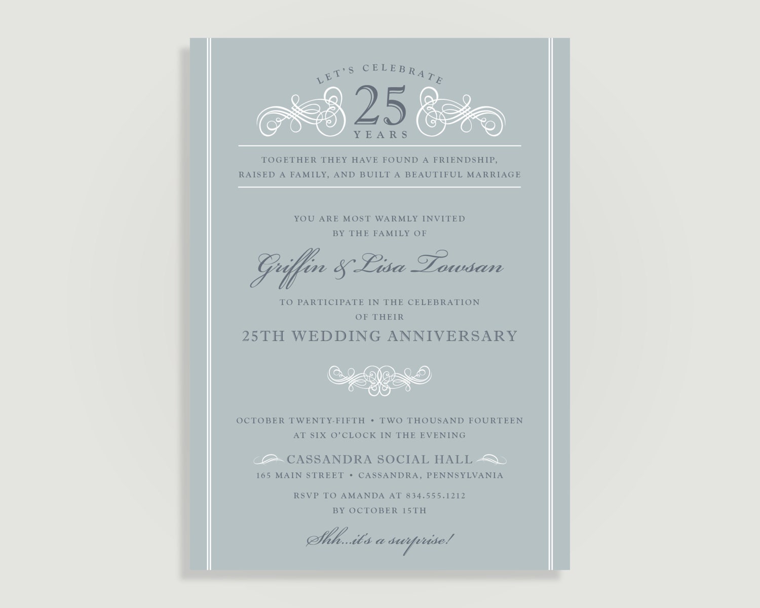 Silver 25th Wedding Anniversary Invitation Personalized