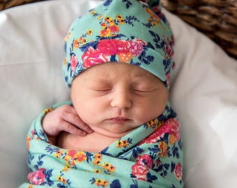 Sale Baby swaddle set, floral baby blanket, Baby knot top hat, Baby shower gift, floral swaddle set, floral blanket-Aqua Floral