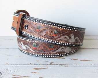 Vintage Eagle and Horse Mexican Tooled Leather Belt 32"