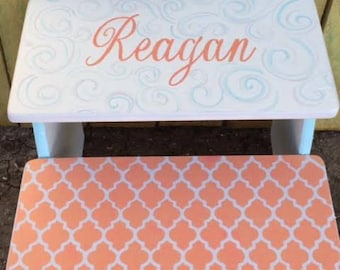 Kids Step Stool, Wooden, Bathroom Stool, Coral, Teal, Grey, Personalized, Childrens, Benches