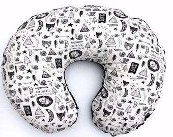 Nursing Pillow Cover- ADVENTURE AWAITS- boppy cover- monochrome boppy cover- black and white boppy- boppy pillow- woodland dreaming