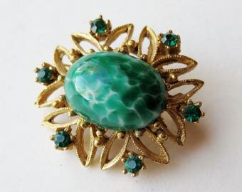 Vintage 50s Czech Jeweled Specked Green Art Glass Rhinestone Brooch Pin