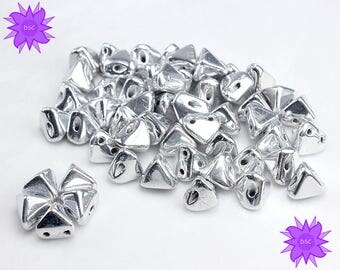 NEW! Shiny Silver Argentees Studded Super Kheops Par Puca, Czech Glass Two Hole Triangle Bead, 10 gr, Bright White Metallic Spike Stud Bead