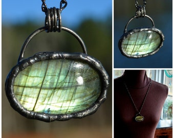 Artisan Jewelry, Labradorite Pendant, Extra Long Chain, Handmade Artisan Jewelry, Labradorite Jewelry, Artisan Handmade Necklace, (2656)