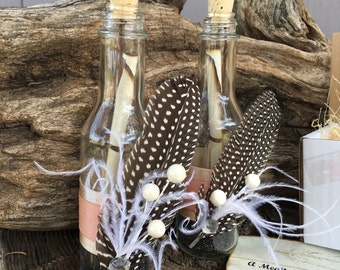 Woodland Message In a Bottle Invitation Bridesmaid - Ostrich & Guinea Feathers Pearl and Rhinestone Natural Boho Posh Whimsical Bling