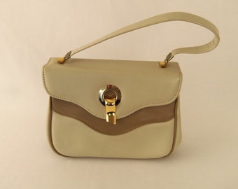 Vintage 60's Purse Handbag in Tan Beige Taupe Vinyl Mod Two Tone
