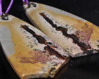 Set of 2 Pieces 22x42x3mm *~*Earthly Melody~Chinese PAINTING JASPER Light Weight Designer-Cut Earring Pair - Q1094