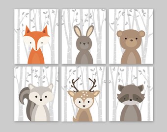 Fox Animal Wall Art Print Nursery Decor Woodland Nursery Forest Animals Baby Woodland Decor bunny rabbit deer bear raccoon squirrel Set of 6