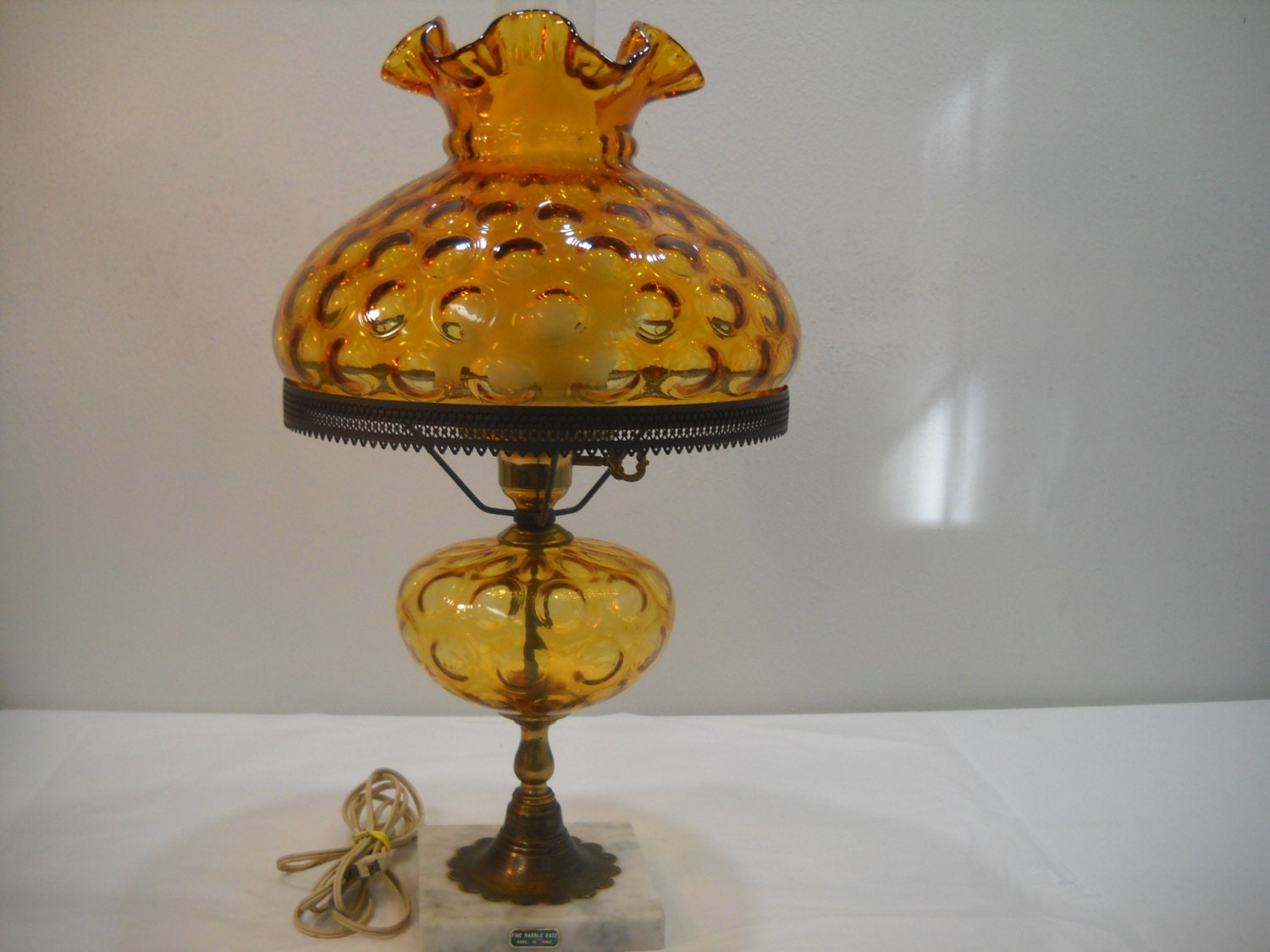 Vintage Amber Bubble Glass Hurricane Glass Lamp With Marble 3139