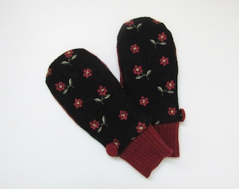 Wool Mittens Fleece Lined Embroidered Red Flowers on Black Felted Wool Sweater Mittens