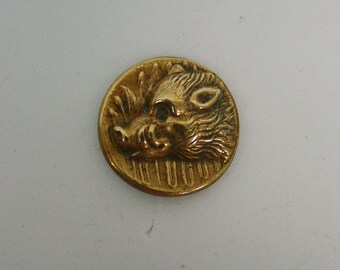 Antique Metal Picture Button Head of Boar in Relief 3/4"