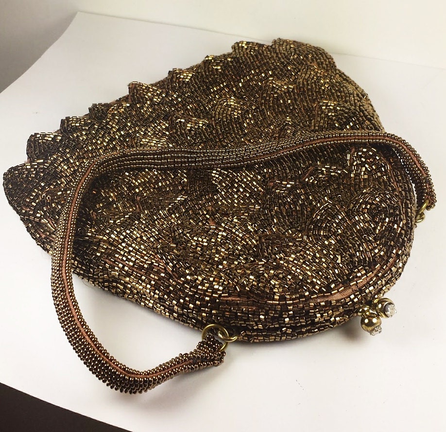 Vintage Beaded Richere walborg Purse in Copper with Rhinestone