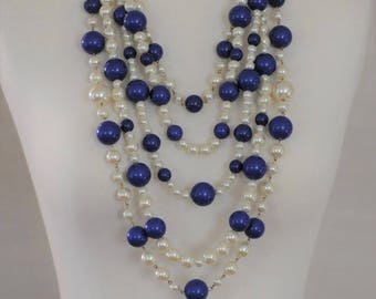 SALE - Bib Necklace, Pearl and Blue bead Necklace, Multi Strand Pearl Necklace, Long Layered Necklace, Gift for her, Long Necklace