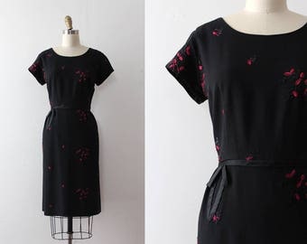 vintage 1950s dress // 50s 60s little black dress with embroidery