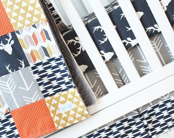 Woodlands Nursery Bedding, Navy Deer Crib Bedding Set, Orange, Mustard and Grey Baby Bedding, Teepees, Arrows, Deer Nursery