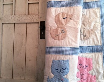 Gingham Baby Quilt With 6 panels of Ducks & Kittens. Vintage Sweet.