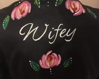 Custom Wifey bridal wedding real vintage leather jacket hand painted UK 12