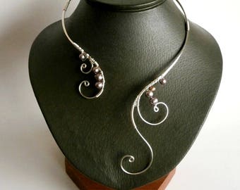 Pearl Necklace, Wedding Necklace, Open Wire Necklace, Collar Statement Necklace, Silver Necklace, Bridal Jewelry