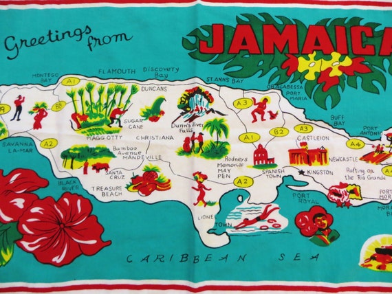 Vintage Jamaica Towel Jamaica Map Souvenir Kitchen Towel