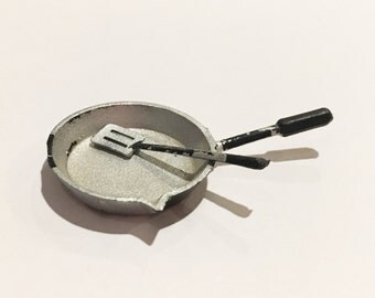 Vintage Dollhouse Miniature Cast Iron Pan with Spatula Circa 1970s