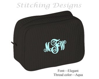 Monogrammed Cosmetic bag, Waffle weave spa bag, Toiletry bag, Make-up bag, Waffle weave - Gray, Black, White, & Hot pink