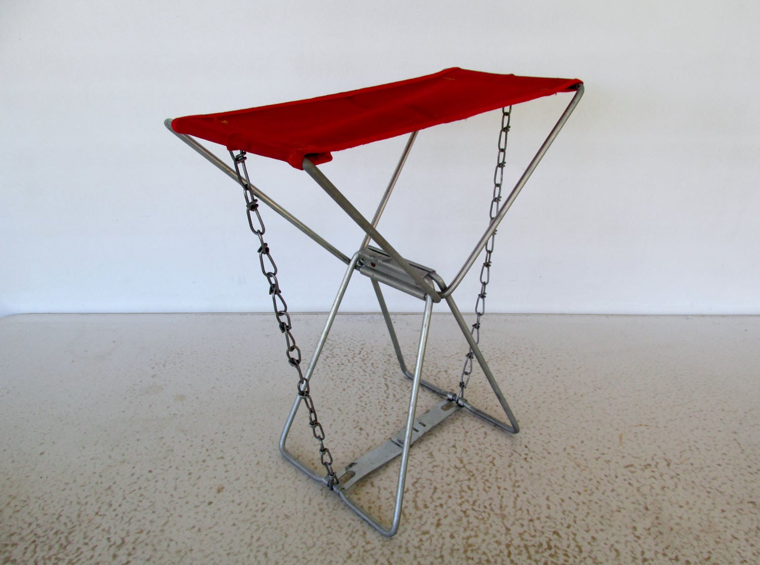 Vintage Camping Stool Red Canvas Metal Folding Foot Stool Boy