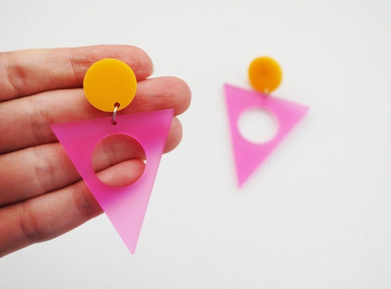 Triangle earrings, geometric earrings, pink and yellow earrings, retro earrings, pink post earrings, acrylic earrings, laser cut earrings