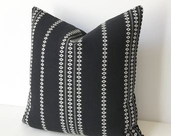 Black and white boho embroidered striped decorative pillow cover