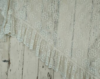 Vintage Lace Curtain Panels - Matching Cream Colored Floral Lace Valance Set, Mid Century Long Filet Lace Curtains, Lace Window Panels + Set