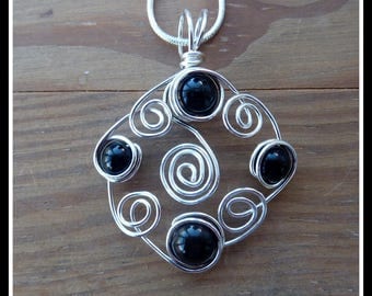 Black Onyx Pendant, wire wrapped in Silver, with chain