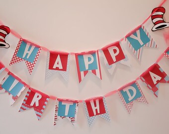 Dr Seuss Birthday Banner - Cat in the Hat Birthday Banner - First Birthday - Birthday Party Decor - Dr Seuss Birthday - Party Decor