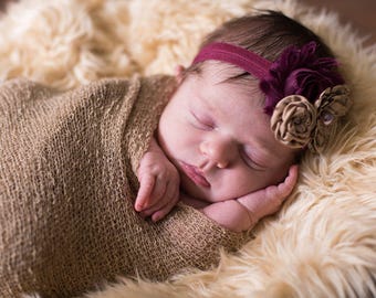 Baby Girl Headband...Trio Headband...Baby Headband...Taupe and Plum Headband...Baby Headband...Photography Prop...