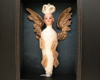 Curiosity Box, Shadow Box, Assemblage, TAGGED. Antique doll, angel wings