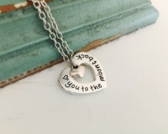 I love you to the moon and back necklace, heart necklace, valentine gift for her, gift for daughter