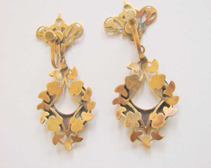 Victorian Revival Chandelier Earrings Screw Backs Pendant Drop Engraved Art Deco Period Floral Vines Antique Jewelry
