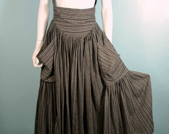 Rare Vintage 80s Norma Kamali High Waist Suspender Skirt, Full Sweep Skirt + Huge Pockets, Woven Striped Fabric, Fitted 26" Waist S