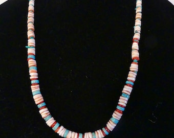 25 Inch Graduated Red Lip Heishi with Turquoise and Mother of Pearl and Earrings
