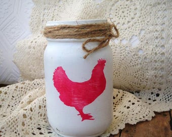 Red Chicken Painted Mason Jar, Pint Sized Mason Jar Hand Painted, Hen Chicken Motif Rustic Home Decor, Decorative Mason Jar, Kitchen Gift