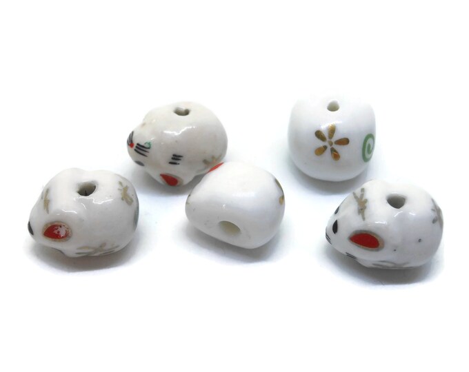 Porcelain mouse beads, 5 piece lot, black red green, ceramic small beads, animal beads, Kawaii mouse beads