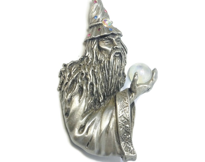 Large JJ wizard brooch sorcerer in pewter with rhinestones and opalescent crystal ball Jonette Jewelry