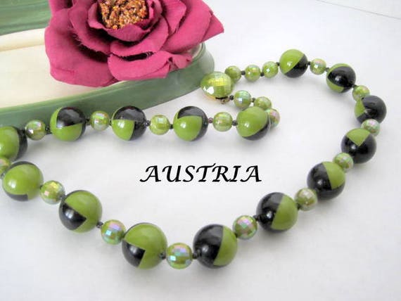Mid Century Bead Necklace - Geometric Signed Austria - Green Black Irridescent