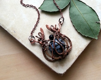 Wire Wrapped Pendant Copper necklace - Wire wrapped Jewelry Gift for her - Wire jewelry Copper pendant - Wire Pendant Black stone Obsidian