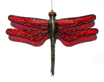 Stained Glass Red DRAGONFLY Suncatcher, Deep Ruby Red Wings & Handcast Metal Body, USA Handmade, Dragonfly Ornament, Ruby Red Dragonfly