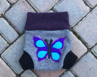 Cloth Diaper Cover, Wool Soaker, Shorties, Cloth Nappy Cover - Gray with a Butterfly Applique - Size Medium