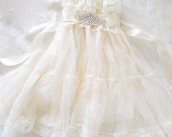 Lace Flower Girl Dress & Applique Rhinestones SASH Christening Wedding Baptism Bridesmaid Country Ruffle Dress Rustic Chiffon Flower Girl