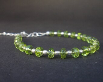 Natural Gemstone Peridot Faceted Rondelle 5.5mm - 925 Sterling Silver Bracelet