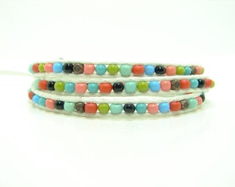 White Beaded Wrap Bracelet, Southwest Colored Cotton Wrap Bracelet, Mixed Colors Wrap Bracelet, Multicolor Seed Bead Wrap Beaded Bracelet