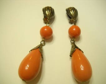 Vintage 3" Long Dangle Clip Earrings (9456) Orange Plastic