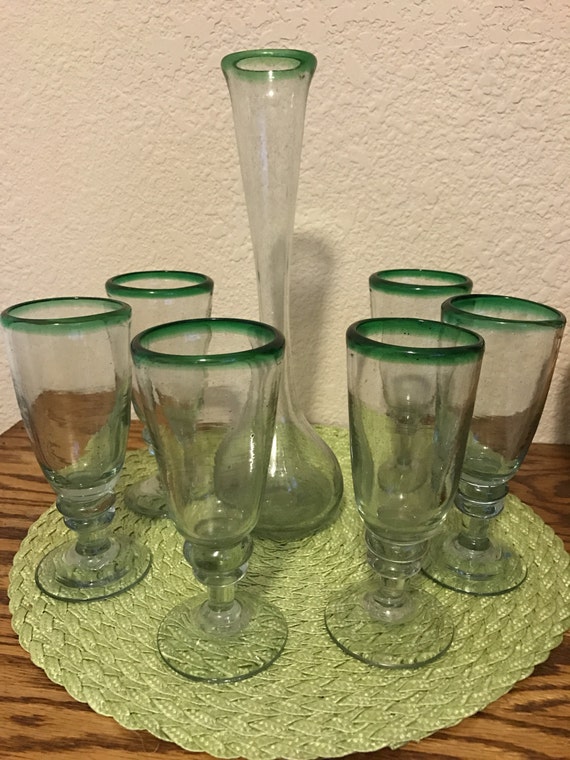 Wine Glasses Mexican Glass Hand Blown Green 6 Wine Glasses