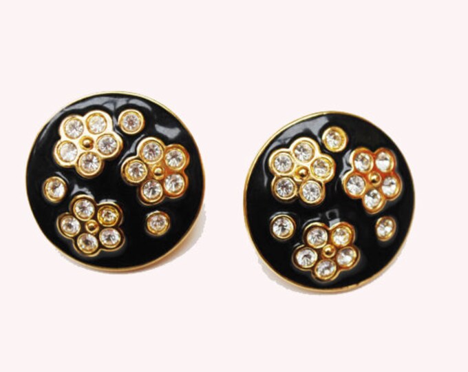 Avon Pierced Earrings - Black Enamel - rhinestones - gold - flowers -stud earrings